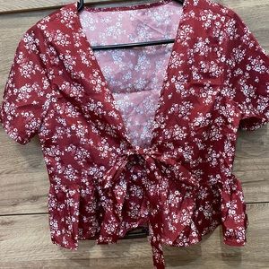 Red floral wrap top